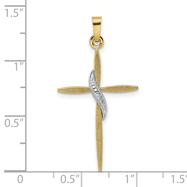 Gold cross pendant with textured finish and white gold twisted accent band across the center, shown next to a measurement scale.