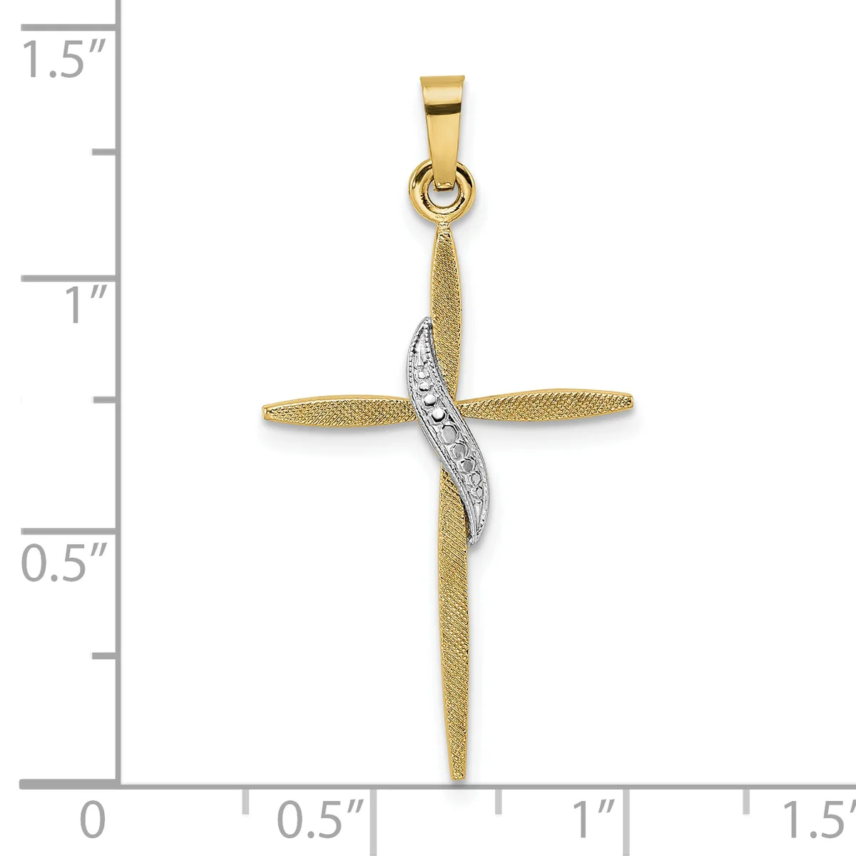 Gold cross pendant with textured finish and white gold twisted accent band across the center, shown next to a measurement scale.