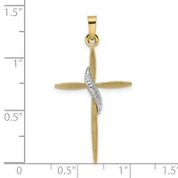 Gold cross pendant with textured finish and white gold twisted accent band across the center, shown next to a measurement scale.