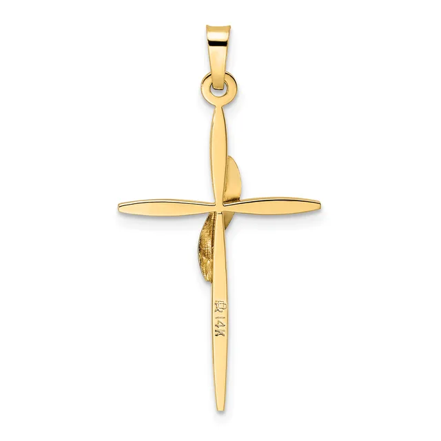 A gold cross pendant with a polished finish, featuring a sword blade integrated into the vertical axis and a small stamped hallmark on the lower shaft.