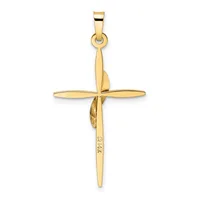 A gold cross pendant with a polished finish, featuring a sword blade integrated into the vertical axis and a small stamped hallmark on the lower shaft.