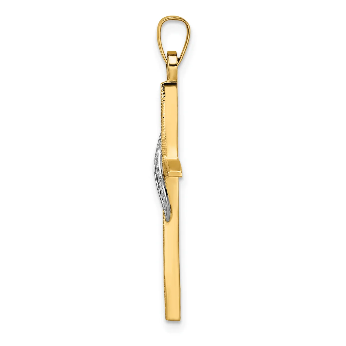 A gold-toned rectangular pendant with a small silver-toned leaf charm attached to its side, suspended from a gold-toned bail clasp.