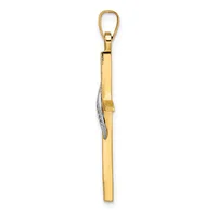 A gold-toned rectangular pendant with a small silver-toned leaf charm attached to its side, suspended from a gold-toned bail clasp.