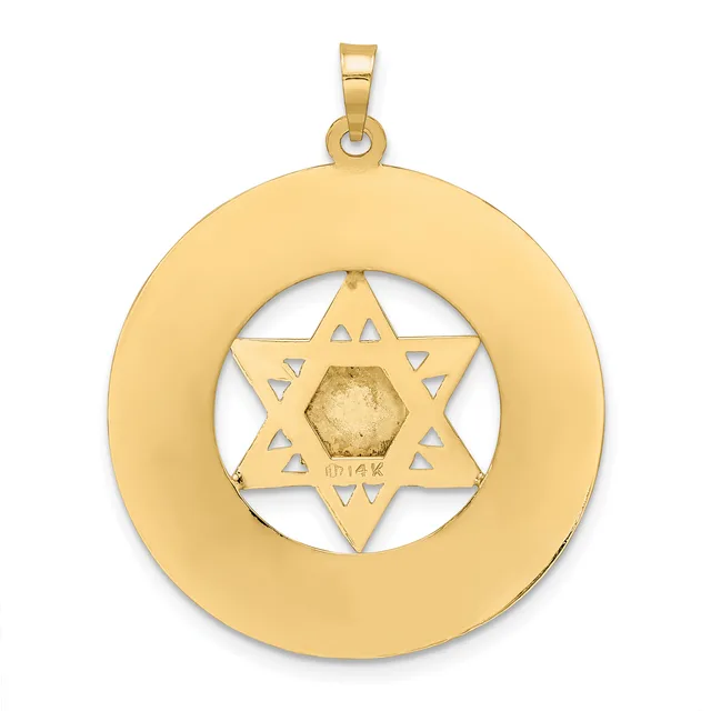 Gold pendant featuring a Star of David with a hexagonal center stone, surrounded by a circular gold frame with cutout triangles.