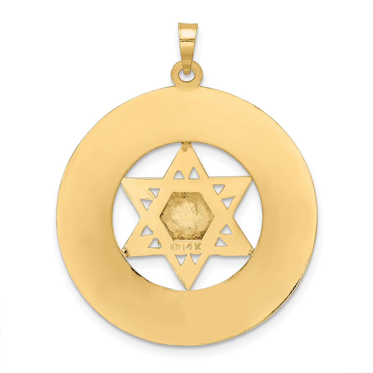 Gold pendant featuring a Star of David with a hexagonal center stone, surrounded by a circular gold frame with cutout triangles.