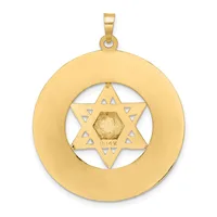 Gold pendant featuring a Star of David with a hexagonal center stone, surrounded by a circular gold frame with cutout triangles.