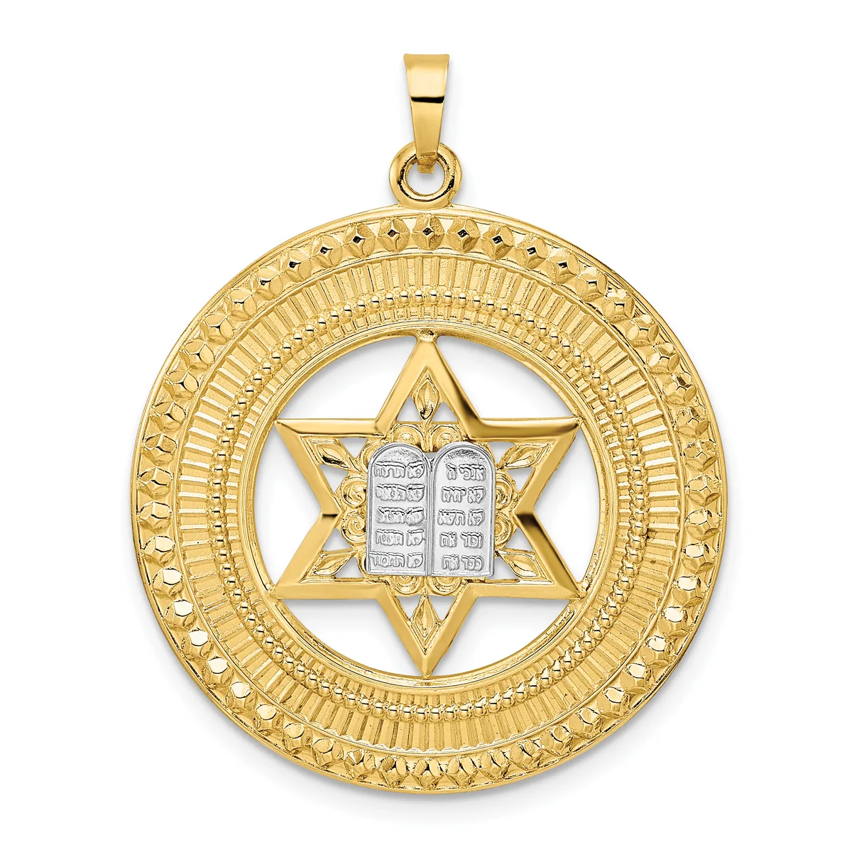 Gold pendant featuring a Star of David with the Ten Commandments tablets in silver at center, surrounded by concentric circular decorative patterns.