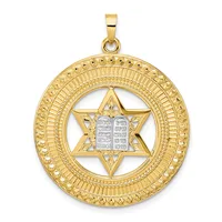 Gold pendant featuring a Star of David with the Ten Commandments tablets in silver at center, surrounded by concentric circular decorative patterns.