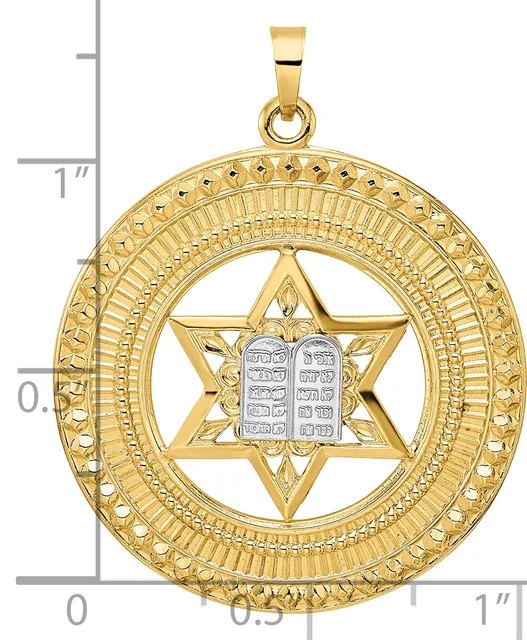 Gold Star of David pendant with Hebrew text on silver tablets in the center, surrounded by an ornate circular border, shown next to a ruler for scale.