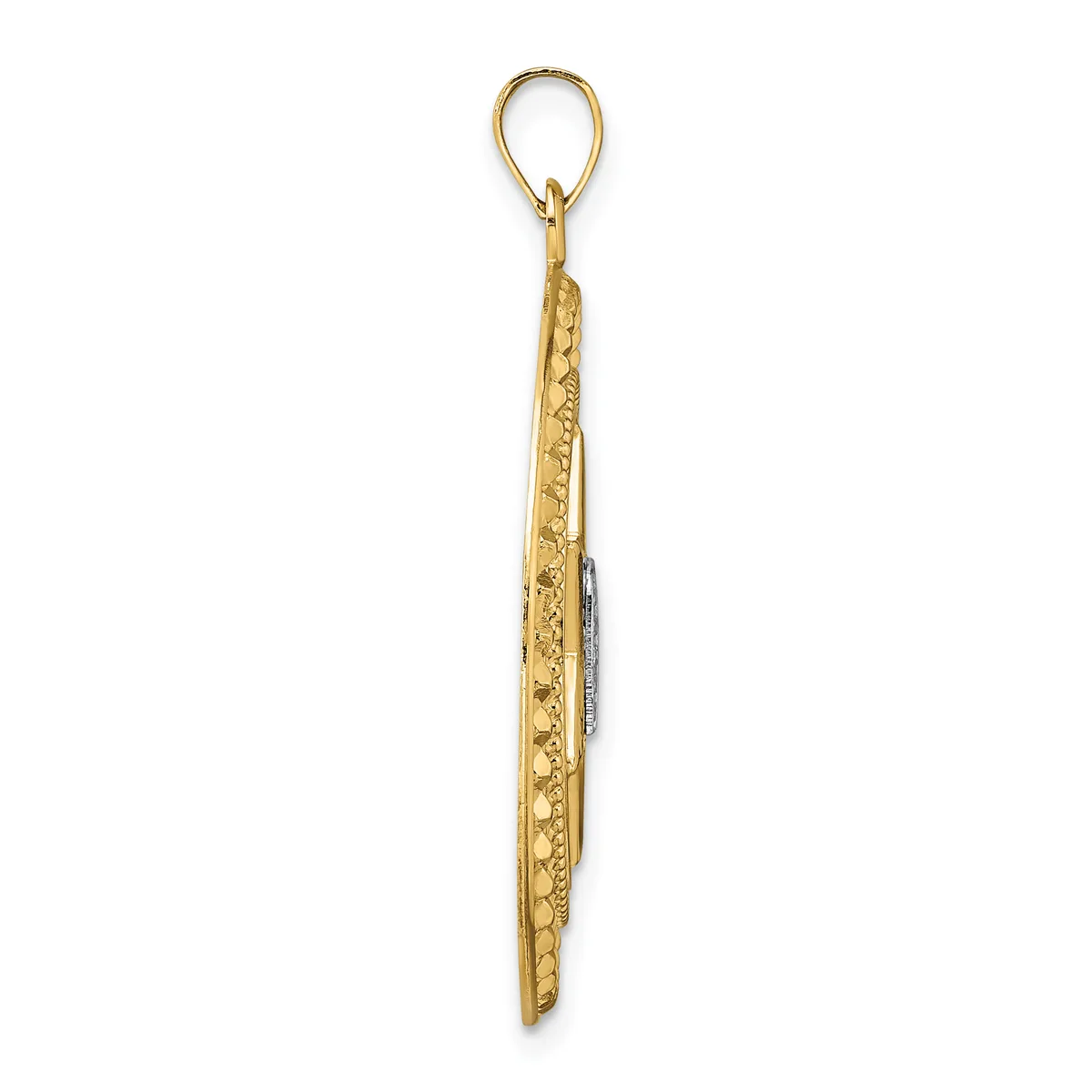 A long, slender gold pendant with textured surface and a loop bail at the top, shown against a white background.