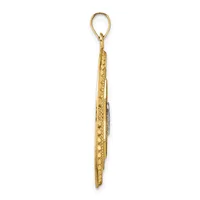 A long, slender gold pendant with textured surface and a loop bail at the top, shown against a white background.