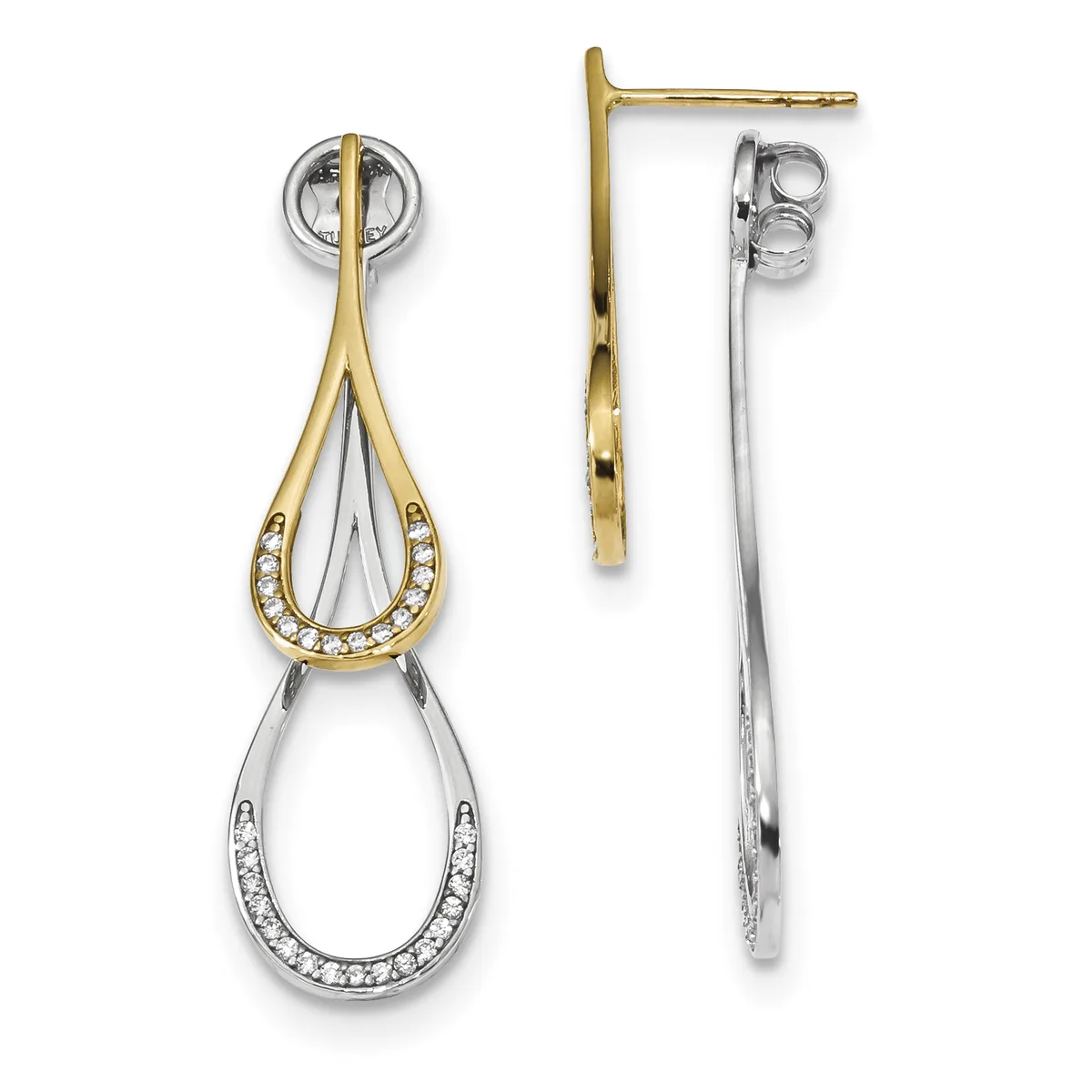 Two-tone teardrop dangle earrings with diamond accents on gold and silver, shown from front and side views.