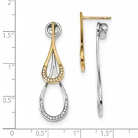 Two-tone gold and silver teardrop earrings with diamond accents, shown as a pair from front and side views against a measurement scale.