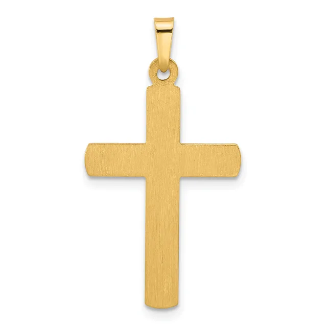 A gold cross pendant with a brushed matte finish and a small rectangular bail at the top, shown against a white background.