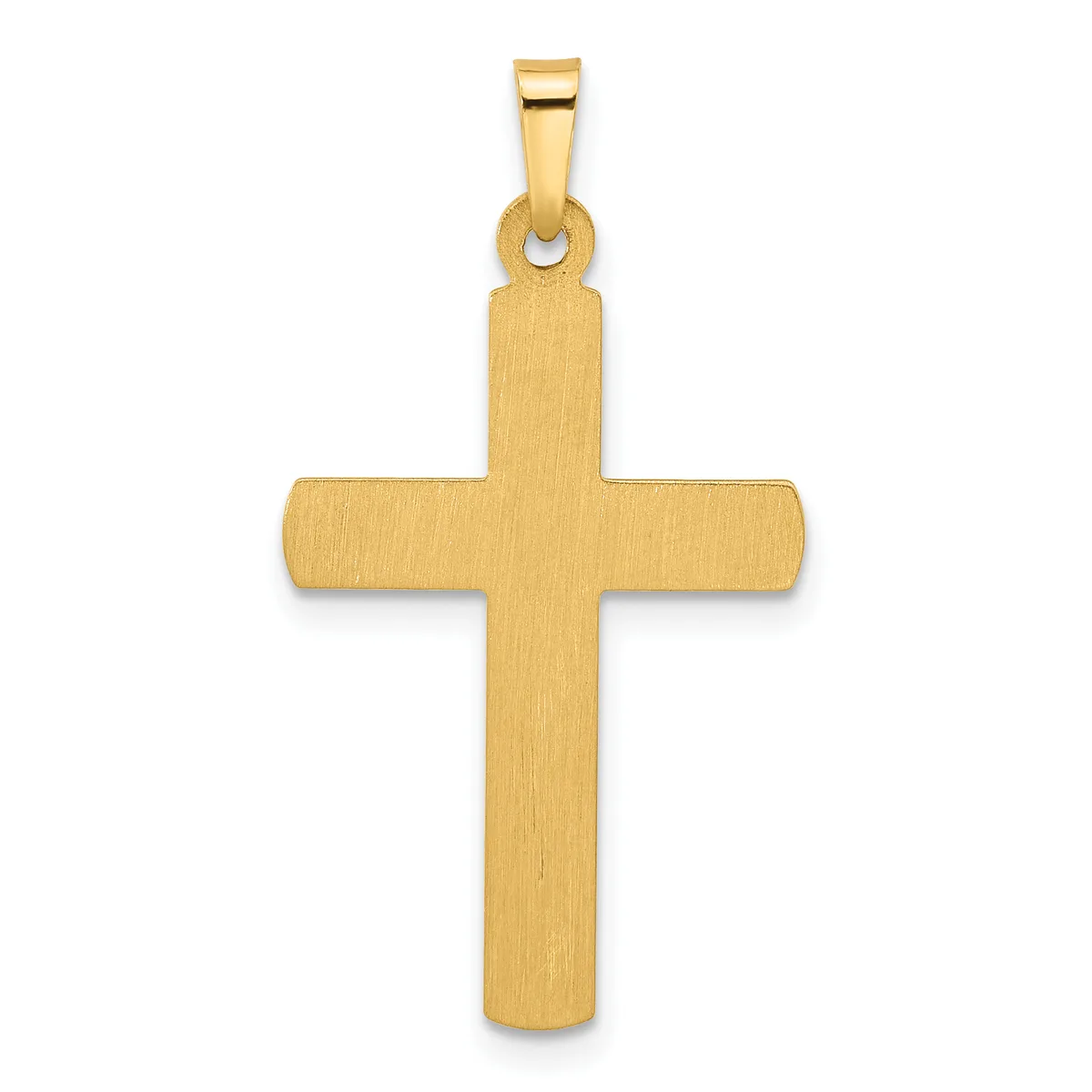 A gold cross pendant with a brushed matte finish and a small rectangular bail at the top, shown against a white background.