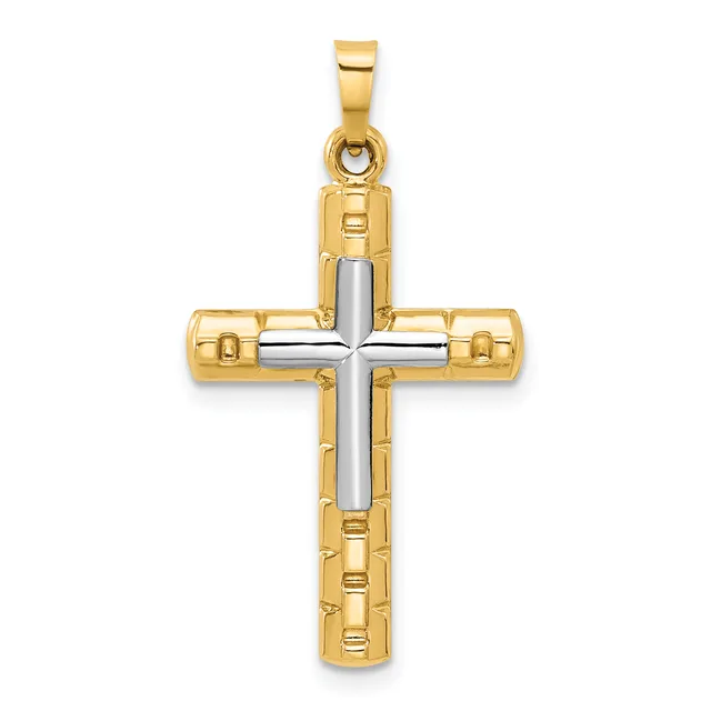 Two-tone gold cross pendant with a polished silver center cross and textured gold outer frame, suspended from a gold bail.