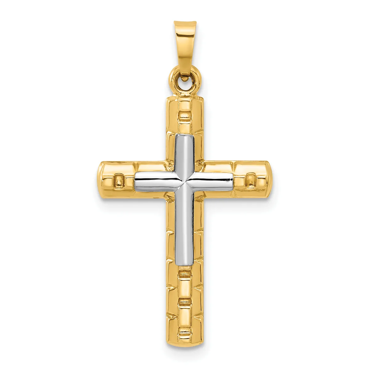 Two-tone gold cross pendant with a polished silver center cross and textured gold outer frame, suspended from a gold bail.