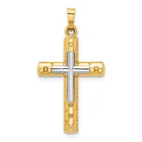 Two-tone gold cross pendant with a polished silver center cross and textured gold outer frame, suspended from a gold bail.
