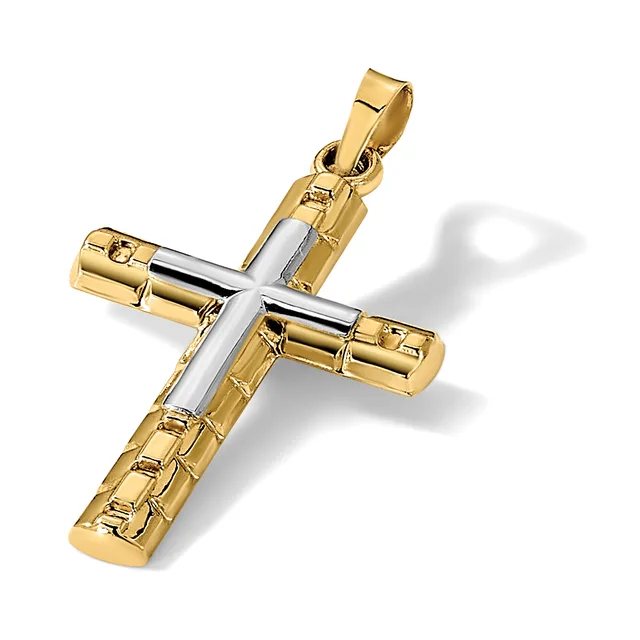 A gold and silver two-tone cross pendant with a rectangular textured gold frame and polished silver crosspiece, shown with a bail loop at the top.