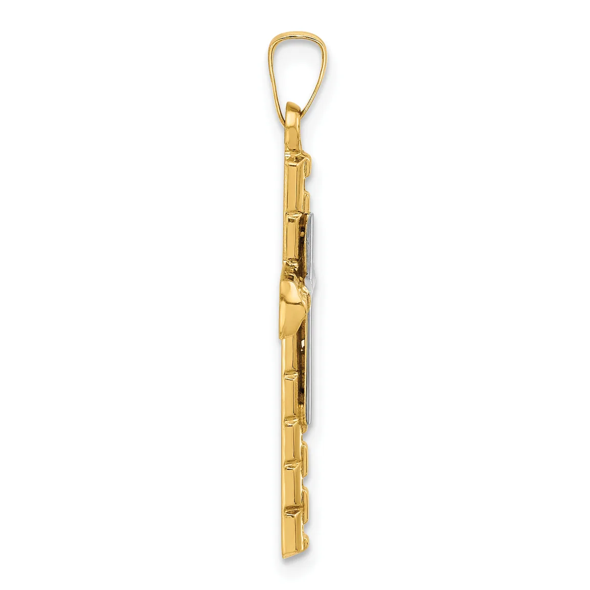 A long, narrow gold pendant with a rectangular bamboo-like segmented design, suspended from a curved gold bail loop.