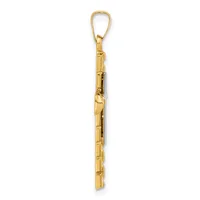 A long, narrow gold pendant with a rectangular bamboo-like segmented design, suspended from a curved gold bail loop.