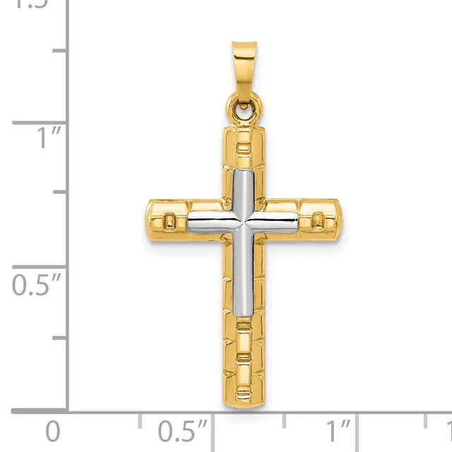 Two-tone gold cross pendant with white gold center bar and textured gold frame, shown against a measurement scale.