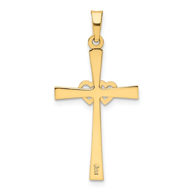 A gold cross pendant with a polished finish and decorative heart cutouts at the intersection, suspended from a bail loop.