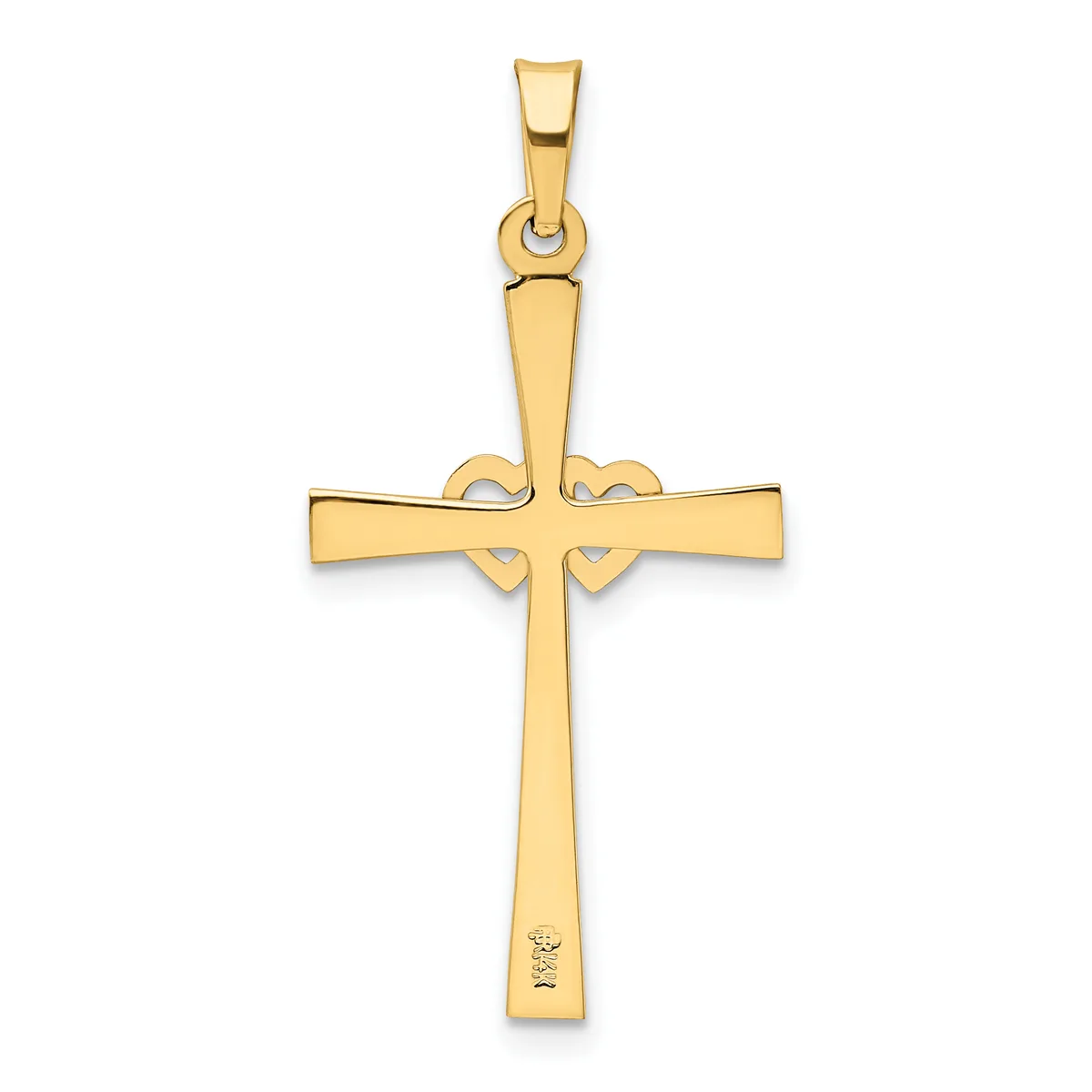 A gold cross pendant with a polished finish and decorative heart cutouts at the intersection, suspended from a bail loop.