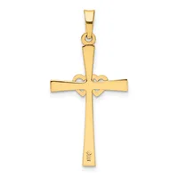 A gold cross pendant with a polished finish and decorative heart cutouts at the intersection, suspended from a bail loop.