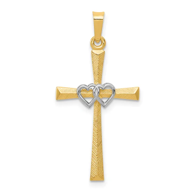 Gold cross pendant with textured vertical bar and two interlocked hearts in white metal at the center, featuring a bailed loop at top for chain attachment.