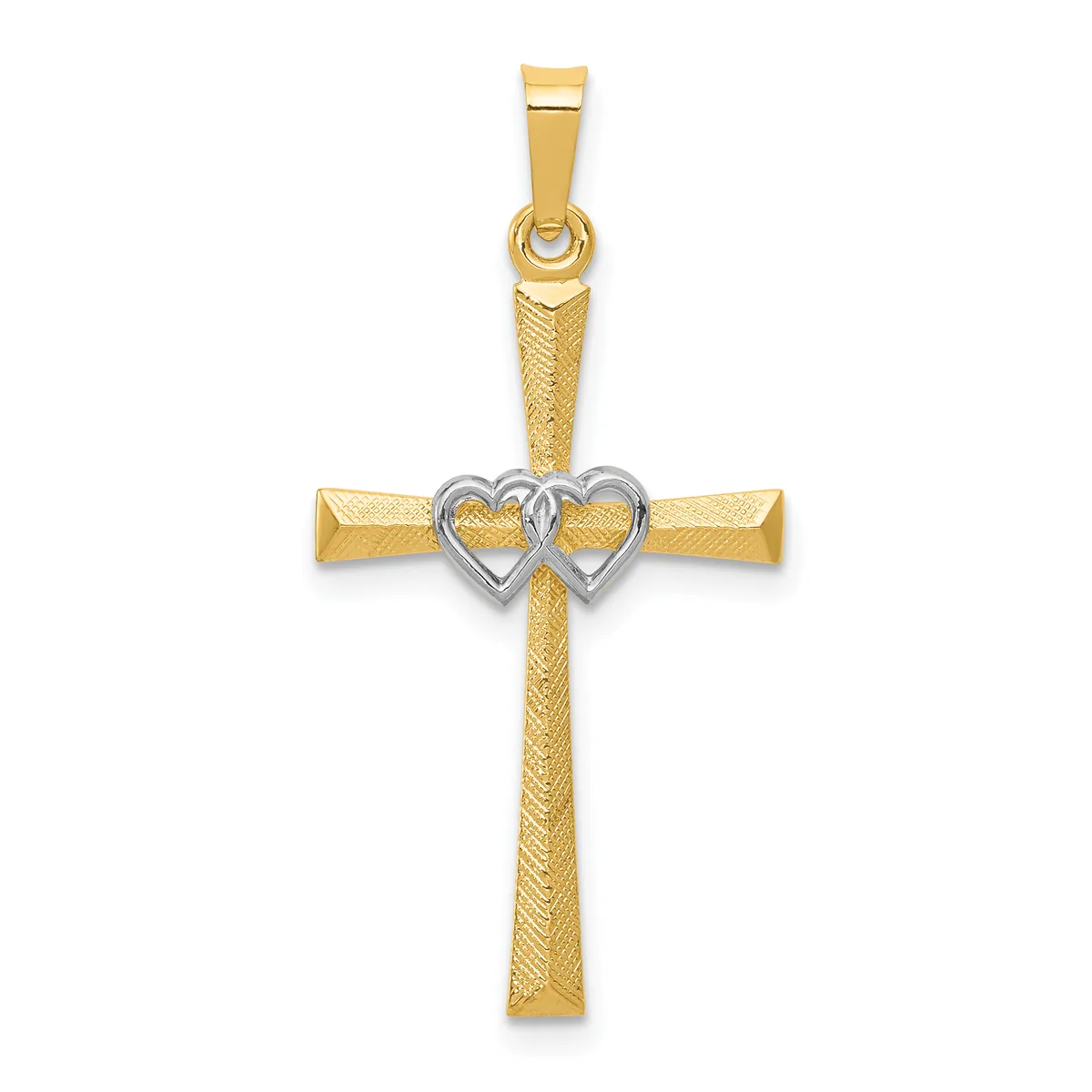 Gold cross pendant with textured vertical bar and two interlocked hearts in white metal at the center, featuring a bailed loop at top for chain attachment.