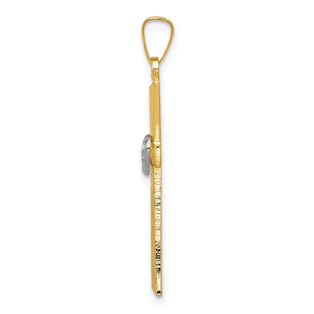 A long vertical gold pendant with textured surface and a small gray stone or crystal attachment on the side, suspended from a gold loop bail.