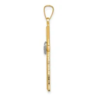 A long vertical gold pendant with textured surface and a small gray stone or crystal attachment on the side, suspended from a gold loop bail.