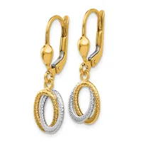 Pair of two-tone gold leverback earrings with textured oval pendants featuring yellow gold outer rings and white gold inner details.