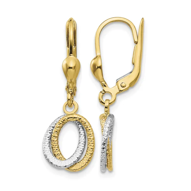 Pair of two-tone gold leverback earrings featuring interlocking oval loops with textured and polished surfaces.