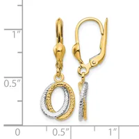 Two-tone gold oval dangle earrings with textured and smooth finishes, displayed next to a ruler showing approximately one inch in length.