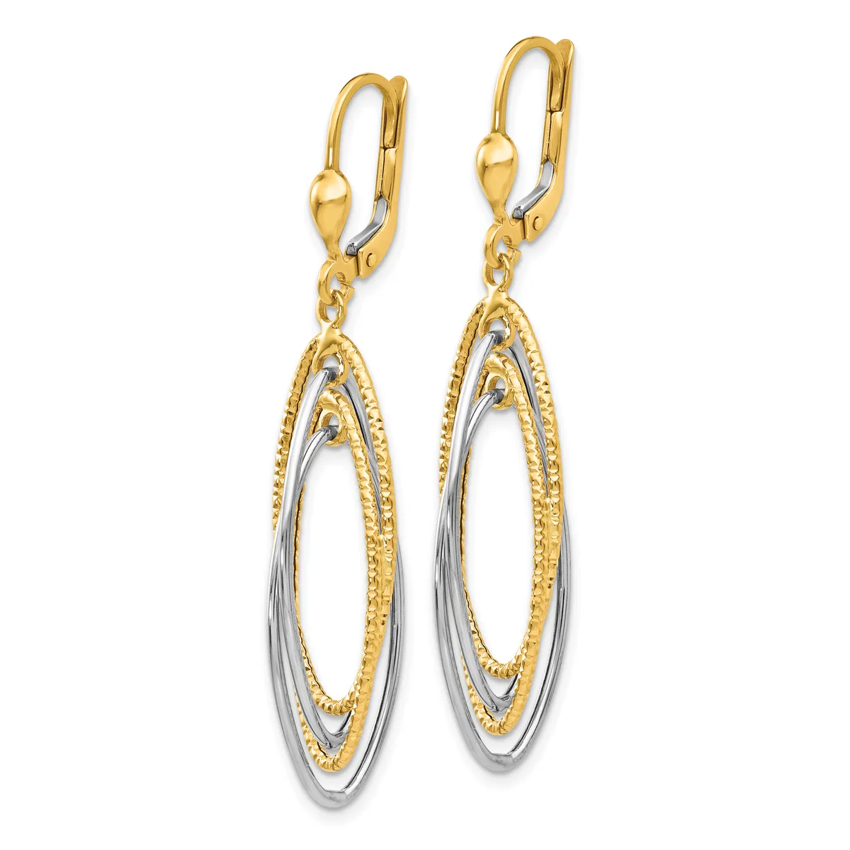 Pair of two-tone gold dangle earrings with nested oval shapes, featuring textured yellow gold outer ovals and polished white gold inner ovals, suspended from lever-back closures.