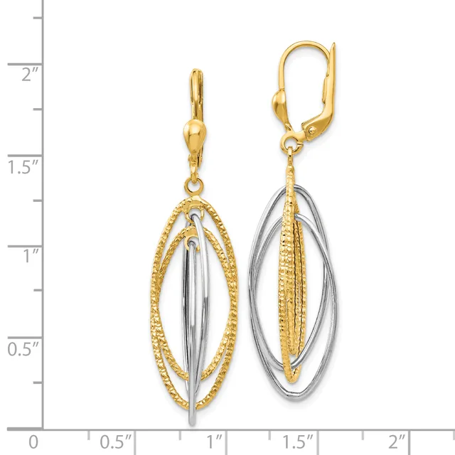 Two-tone gold oval dangle earrings with textured gold outer ovals and polished silver inner ovals, shown on a measurement scale reaching approximately 2 inches in length.