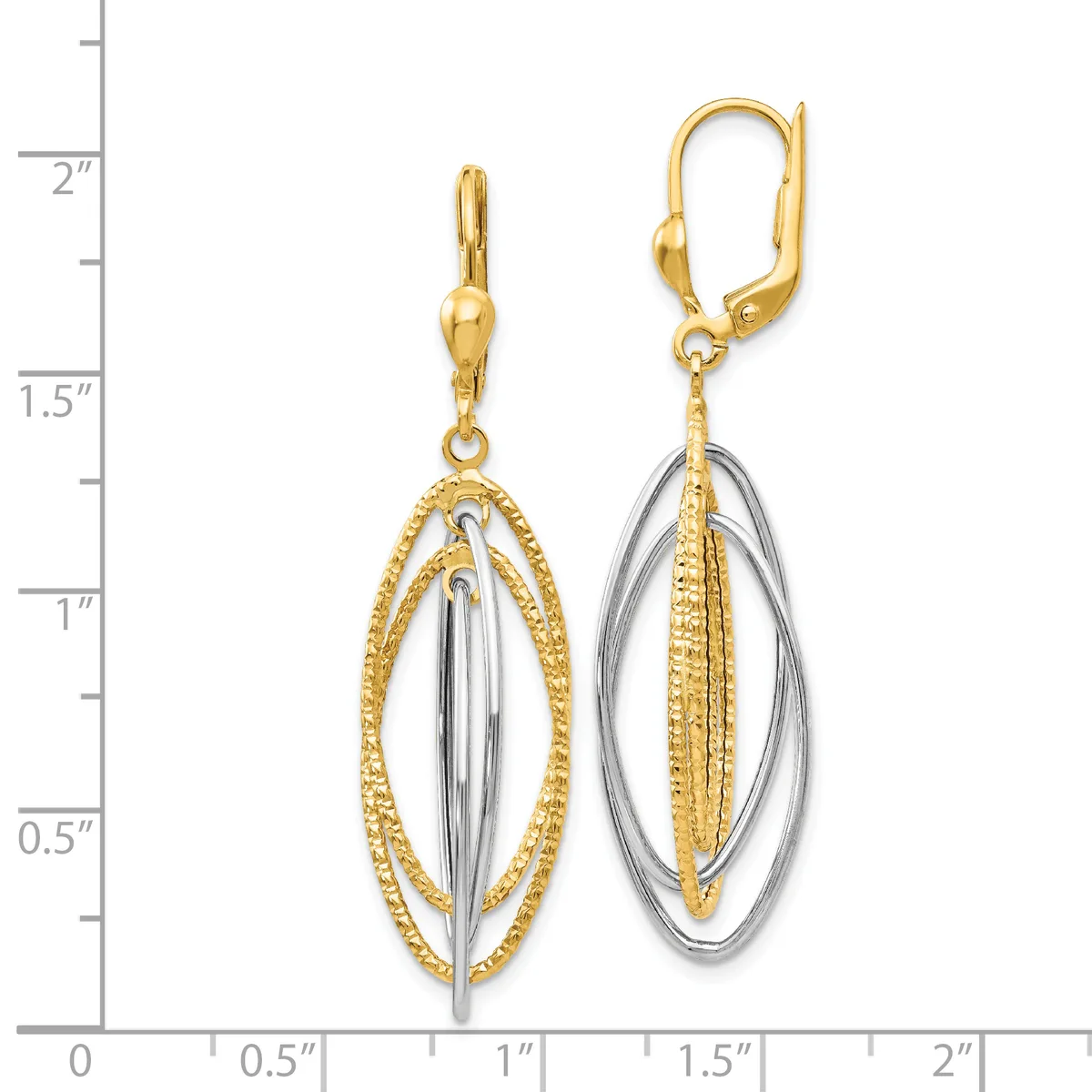 Two-tone gold oval dangle earrings with textured gold outer ovals and polished silver inner ovals, shown on a measurement scale reaching approximately 2 inches in length.