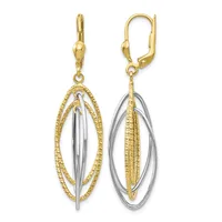 Pair of two-tone gold leverback earrings featuring nested oval shapes with textured yellow gold outer ovals and polished white gold inner ovals.
