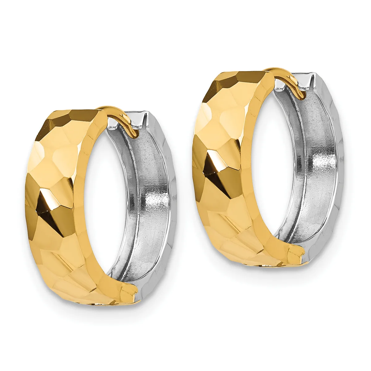 A pair of two-tone gold and silver hoop earrings with a faceted, textured surface and hinged closure.