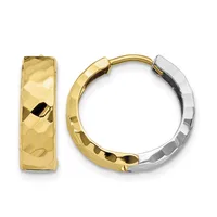 A pair of gold hoop earrings with a hammered texture finish and hinged closures, displayed front and back views.