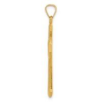 A long, slender gold pendant with a looped top and textured shaft tapering to a pointed bottom.