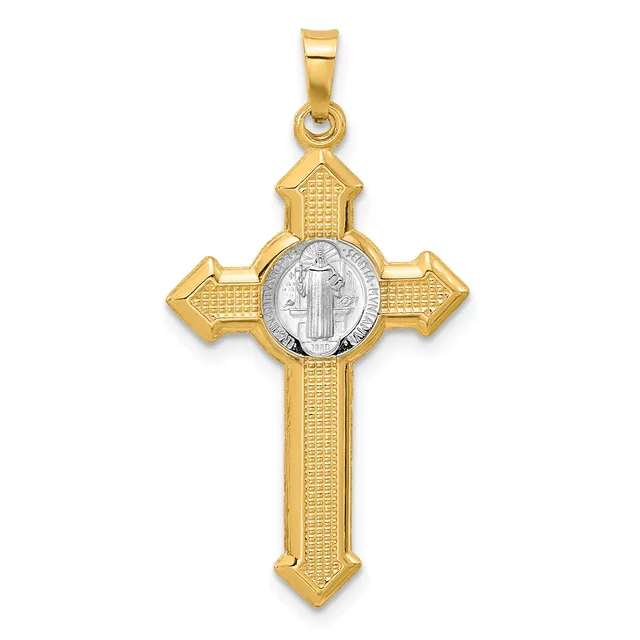 Gold cross pendant with textured surface and a circular silver medallion featuring a saint figure at the center.
