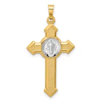 Gold cross pendant with textured surface and a circular silver medallion featuring a saint figure at the center.