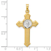 Two-tone cross pendant with gold textured arms and a silver center medallion, displayed against a measurement scale showing approximately 1.3 inches in height.