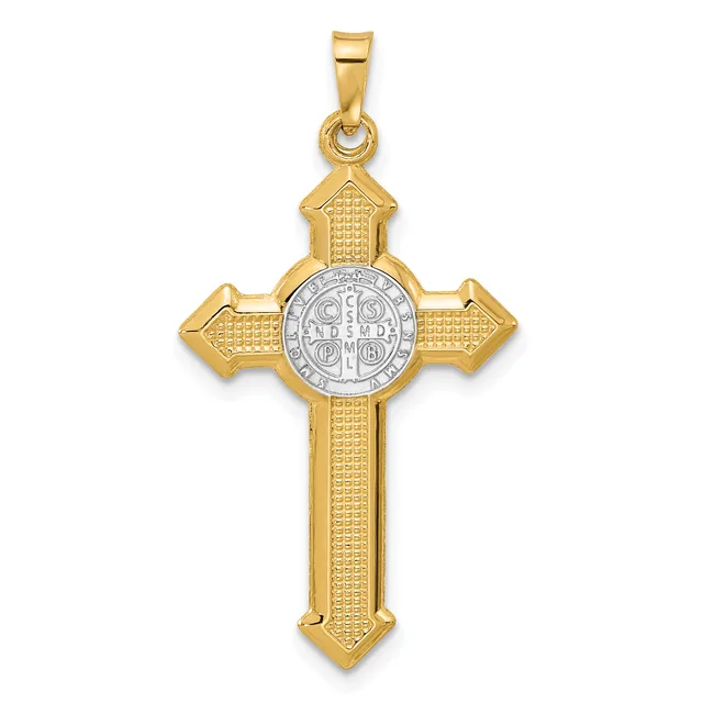 A gold cross pendant with textured surface and a silver circular medallion at the center featuring religious iconography.