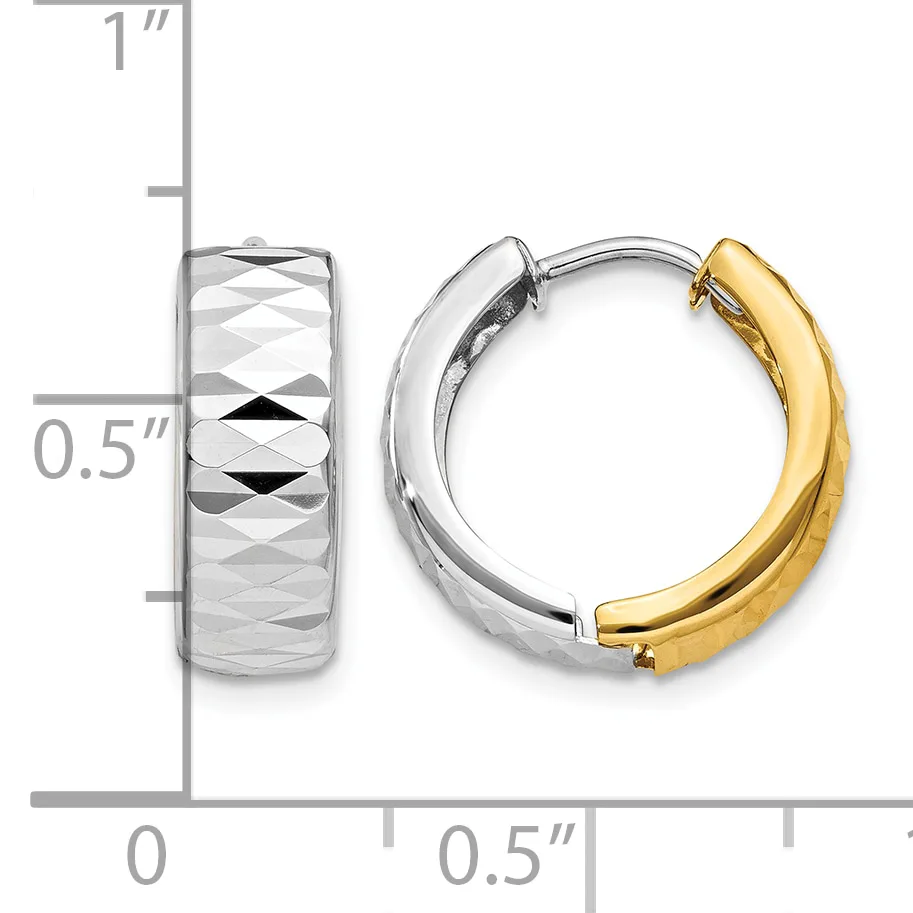 Two-tone hoop earrings with textured white gold and polished yellow gold sections, shown with measurement scale indicating approximately 0.5 inch width and 1 inch height.