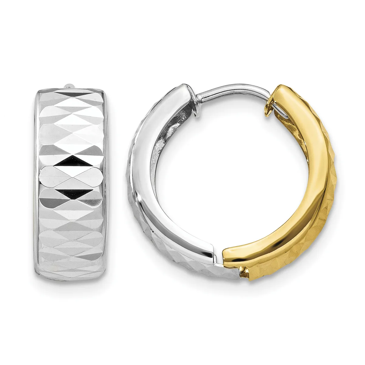 Two-tone hoop earrings with white gold and yellow gold sections, featuring a textured diamond-cut pattern on the white gold side, shown from front and side angles.