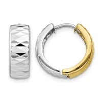 Two-tone hoop earrings with white gold and yellow gold sections, featuring a textured diamond-cut pattern on the white gold side, shown from front and side angles.